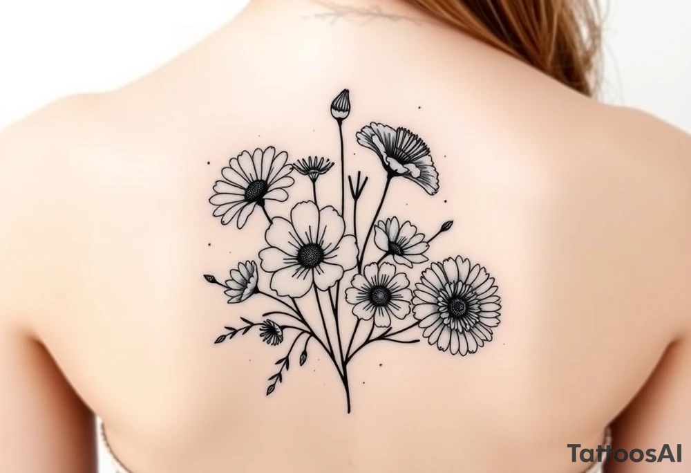 Small flower bouquet with order of flowers, daisy, cosmo, poppy, chrysanthemum, cosmo tattoo idea