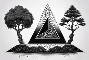 minimalistic Yggdrasil tree with 3 triangles set behind it tattoo idea