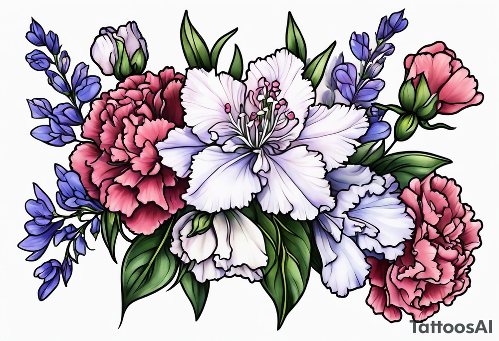 Larkspur flowers and carnation flowers tattoo idea