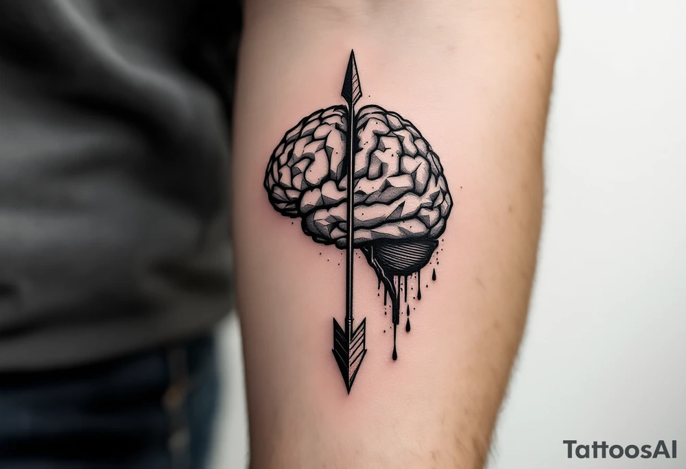 A clean, geometric, vertical, front-seen brain. A detailed arrow crosses from below and exit from the top, with its tip desintegrating to represent entropy and watercolor stains spilled from the arrow. tattoo idea