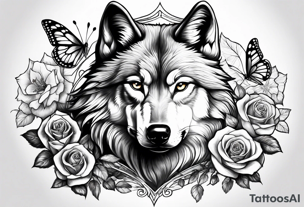 Wolf and rose and butterfly tattoo idea