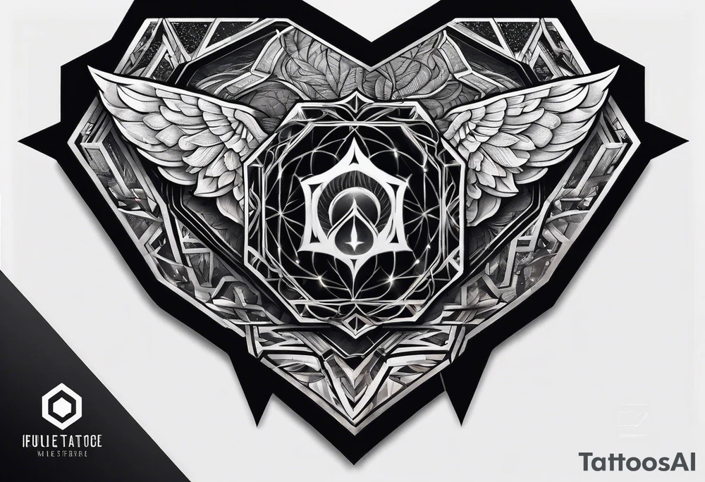 black hexagon heart with black background and god symbol tattoo idea