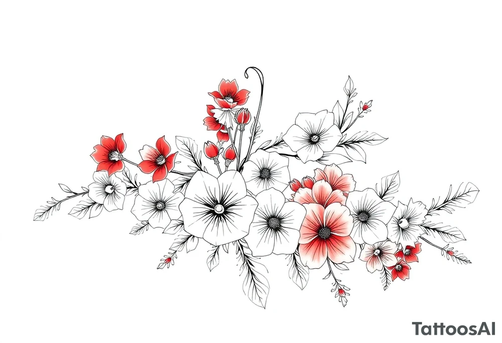Full sleeve tattoo design of larkspur and hawthorn flowers, highly detailed line art, RED ink, elegant botanical style, intertwined composition, no shading, no human mock-up, clean stencil style suitable for tattooing, fit fully within boundaries. LINE ART ONLY, REMOVE HUMAN, NO SKIN, NO ARM, NO HUMAN BODY PARTS tattoo idea