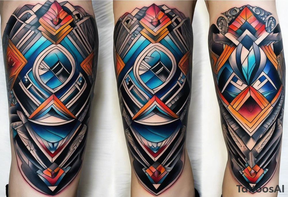 semi Detailed neo traditional knee tattoo flat on paper. The tattoo features geometric patterns and bold lines, creating a visually striking design with slight tints of deep fall colors. outside the tattoo features deep blues washes and water swirls tattoo idea