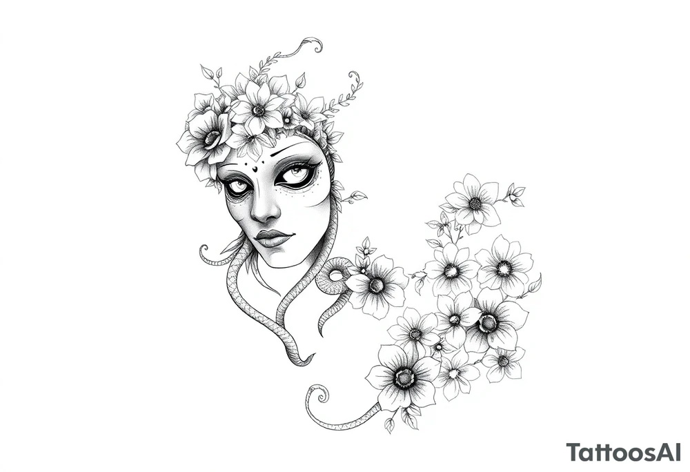 I want a two face masked tattoo with flowers, snakes , vines, jungle like all around On the forearm going down to my hand with cute flowers on it tattoo idea