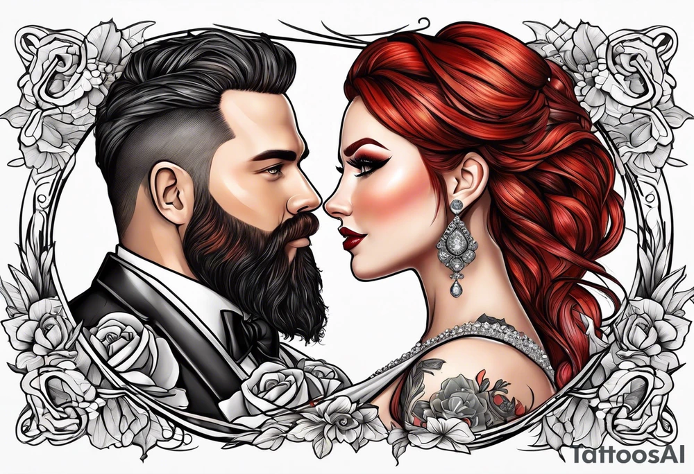 Busty red haired woman and a bearded man with black hair getting married tattoo idea