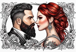 Busty red haired woman and a bearded man with black hair getting married tattoo idea