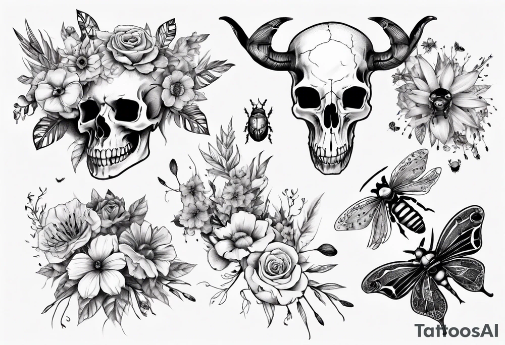 Animal skull with flowers and bugs around it tattoo idea