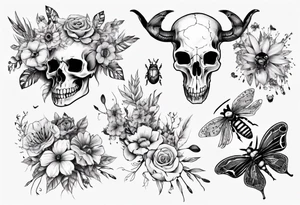 Animal skull with flowers and bugs around it tattoo idea
