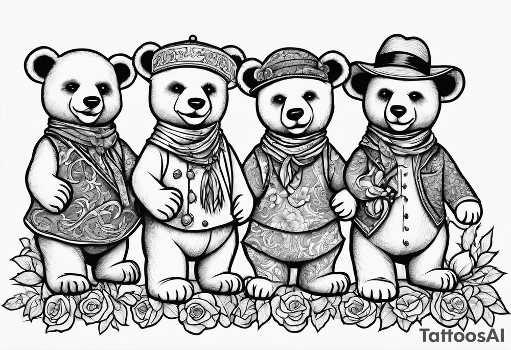 the Grateful Dead dancing bears, outline, no shading, in straight line tattoo idea