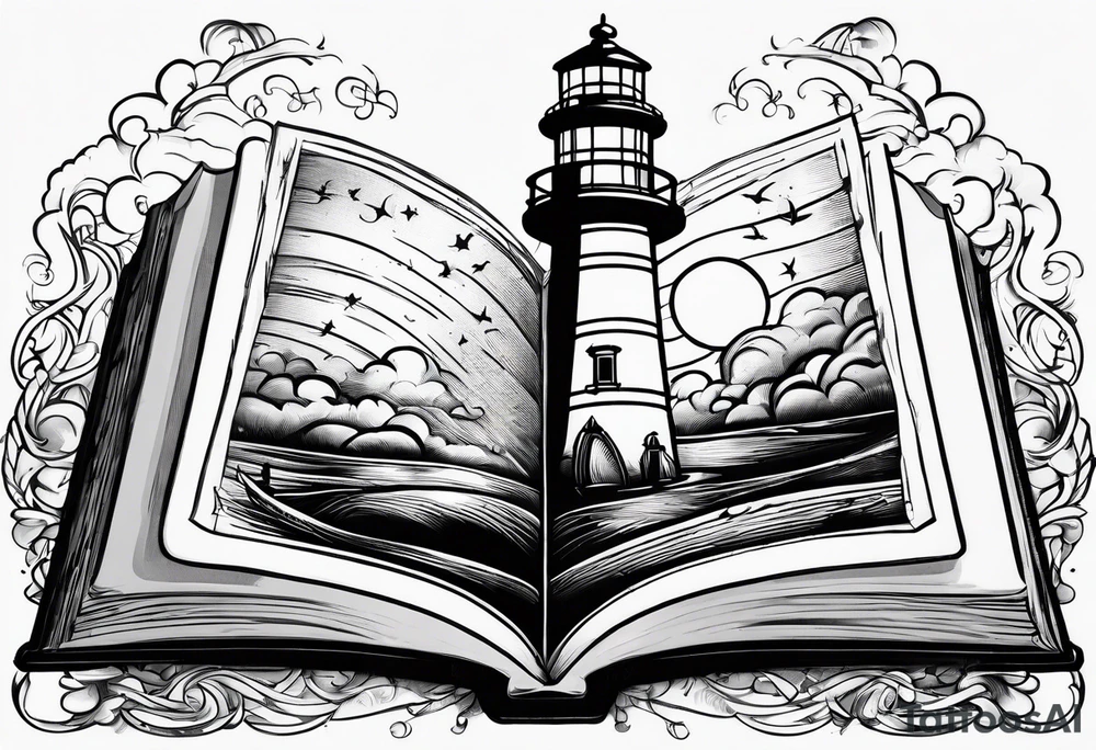 lighthouse shining light onto open book tattoo idea