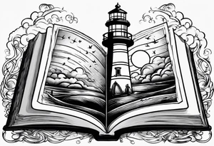 lighthouse shining light onto open book tattoo idea
