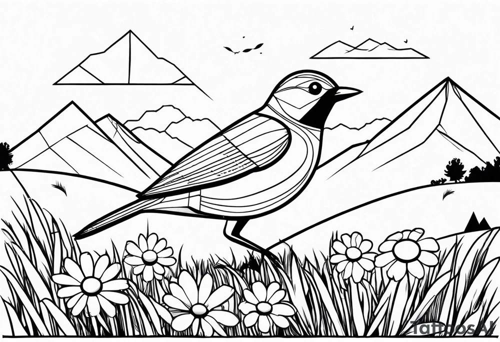 Geometric small bird in a grass and daisy field with Mountain View behind tattoo idea