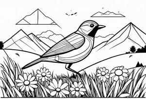 Geometric small bird in a grass and daisy field with Mountain View behind tattoo idea