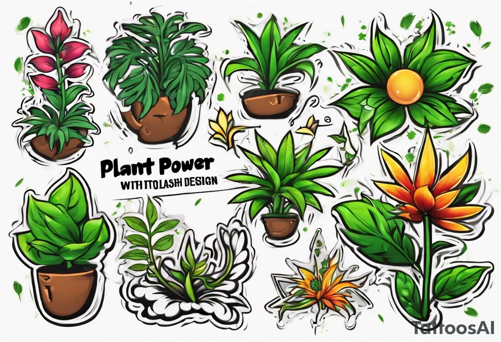 Words “Plant Power” with plants tattoo idea
