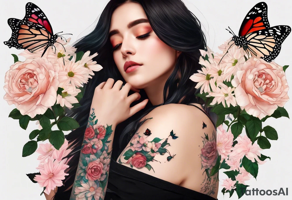 please make a Gemini constellation made of roses, Sagittarius constellation made from Chrysanthemum flowers, Virgo constellation made of Aster flowers, Taurus constellation made from Lily of the Valley flowers all tied together in an arm sleeve tattoo with 4 realistic lady bugs scattered throughout, one realistic butterfly, one realistic cassette tape with the following written on it for song list: #1 "you are my sunshine-3:15"
#2 "3 little birds-12:14"
#3 "twinkle twinkle little star-6:25"
#4 "ABC's-12:00"
Also include a polaroid picture of a realistic view of "the tree of life" symbol with the following coordinates written on the bottom:
61.2547° N, 149.6932° W
61.2547° N, 149.6932° W
43.6355° N, 84.2608° W
42.278046°N, -83.738220W

Also include a realistic skull tied in to the flowers and back ground tattoo idea