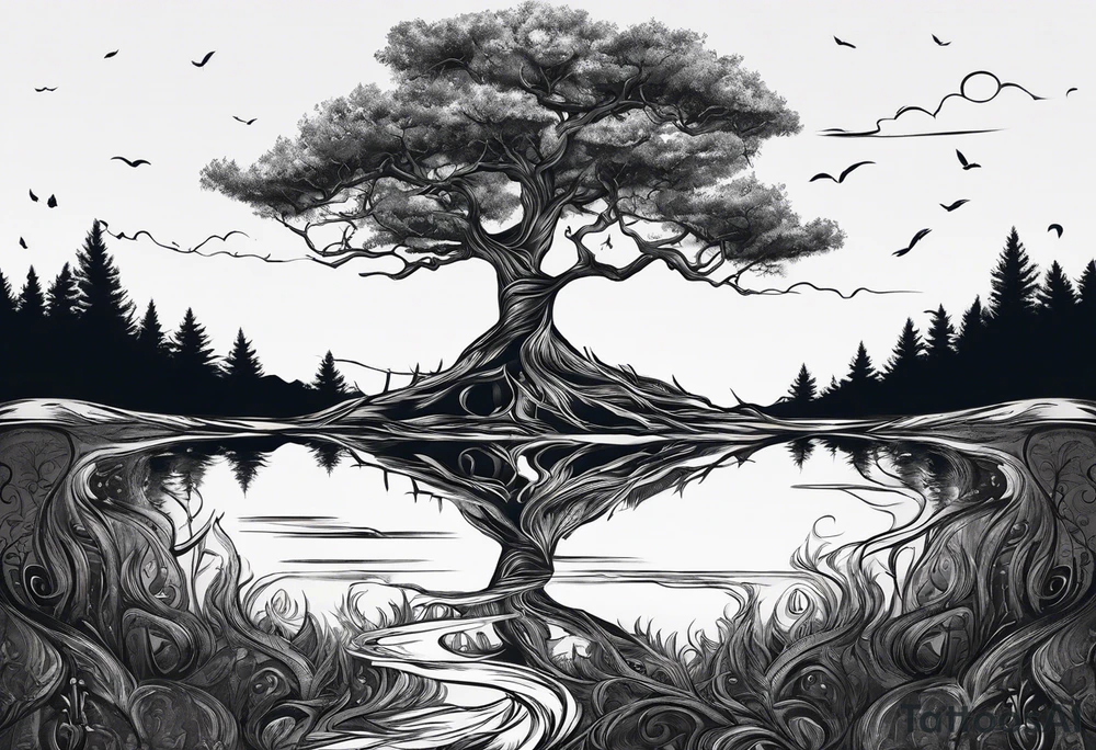 tree with the roots of the tree wrapped around the a hour glass
the hour glass is below the tree tattoo idea