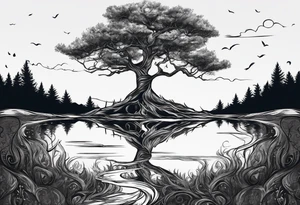tree with the roots of the tree wrapped around the a hour glass
the hour glass is below the tree tattoo idea
