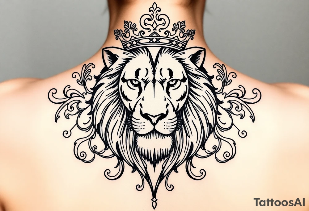 majestic lion wearing ornate crown, surrounded by baroque flourishes tattoo idea