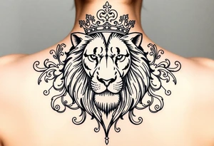 majestic lion wearing ornate crown, surrounded by baroque flourishes tattoo idea