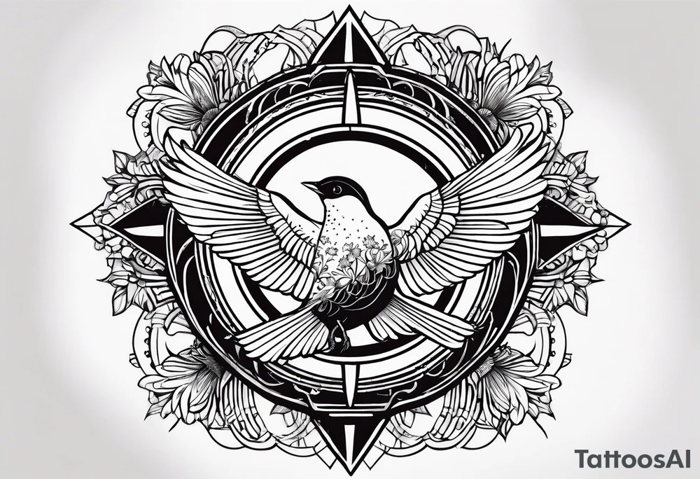AUM symbol, one flying 
sparrow, sunrays, staircase, cosmos, iris, daisy tattoo idea