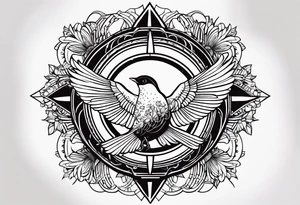 AUM symbol, one flying 
sparrow, sunrays, staircase, cosmos, iris, daisy tattoo idea