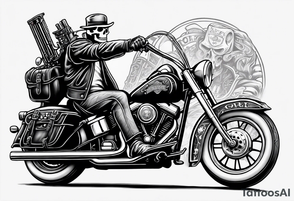 Old school skeleton  holding a shotgun riding a harley davidson tattoo idea