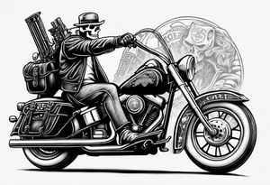 Old school skeleton  holding a shotgun riding a harley davidson tattoo idea