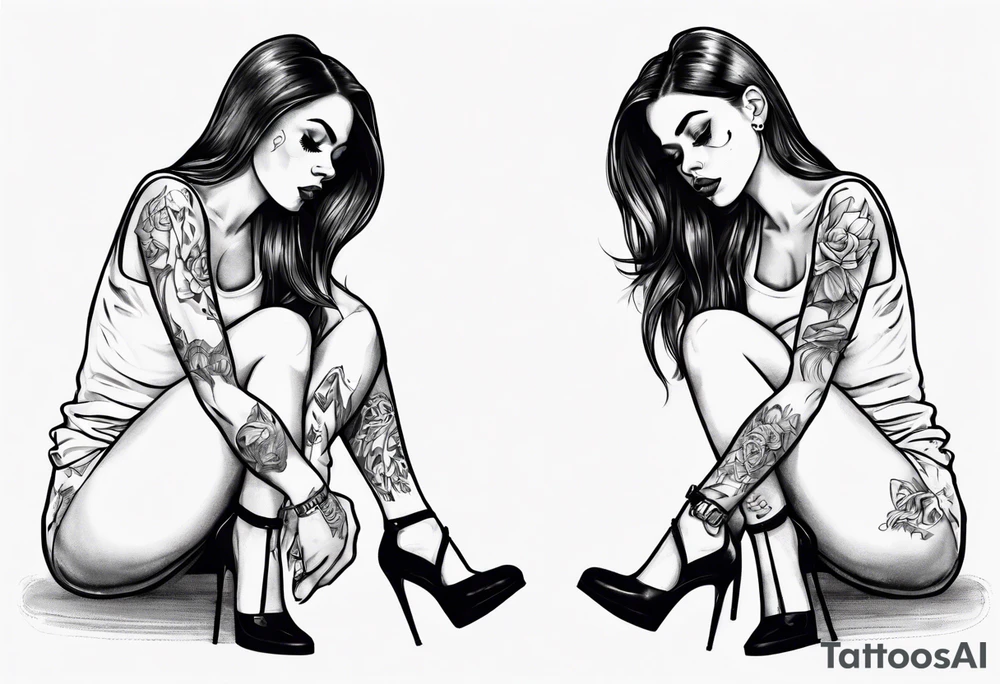 A girl in heels sits on the floor, leaning on her feet, with two legs wide open tattoo idea