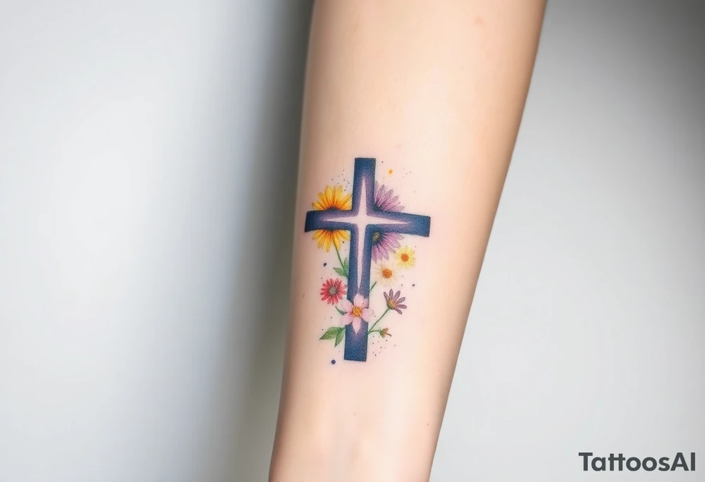 Gerber daisys behind negative space cross for forearm - more flowers under cross tattoo idea