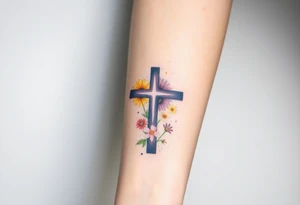 Gerber daisys behind negative space cross for forearm - more flowers under cross tattoo idea