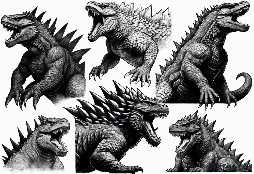 godzilla,full body, roaring tattoo idea