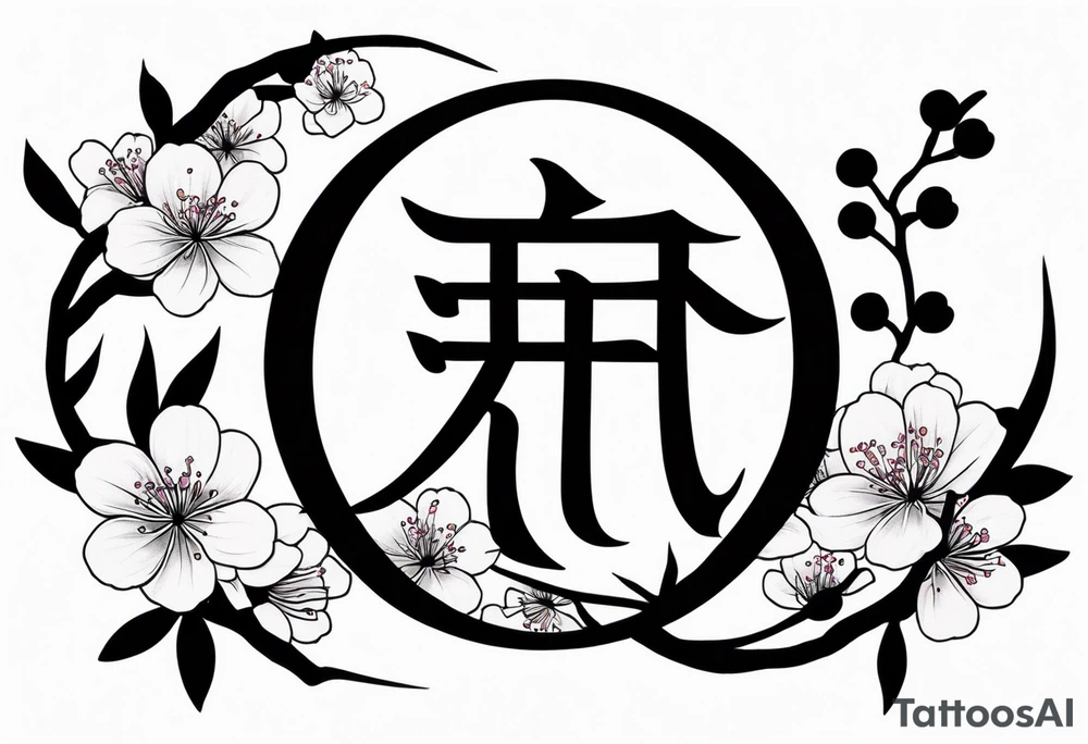 Shadow kanji inside half circle with small cherry blossoms tattoo idea Shadow kanji inside half circle with small cherry blossoms tattoo idea