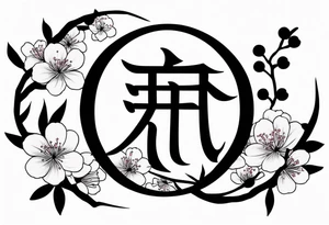 Shadow kanji inside half circle with small cherry blossoms tattoo idea