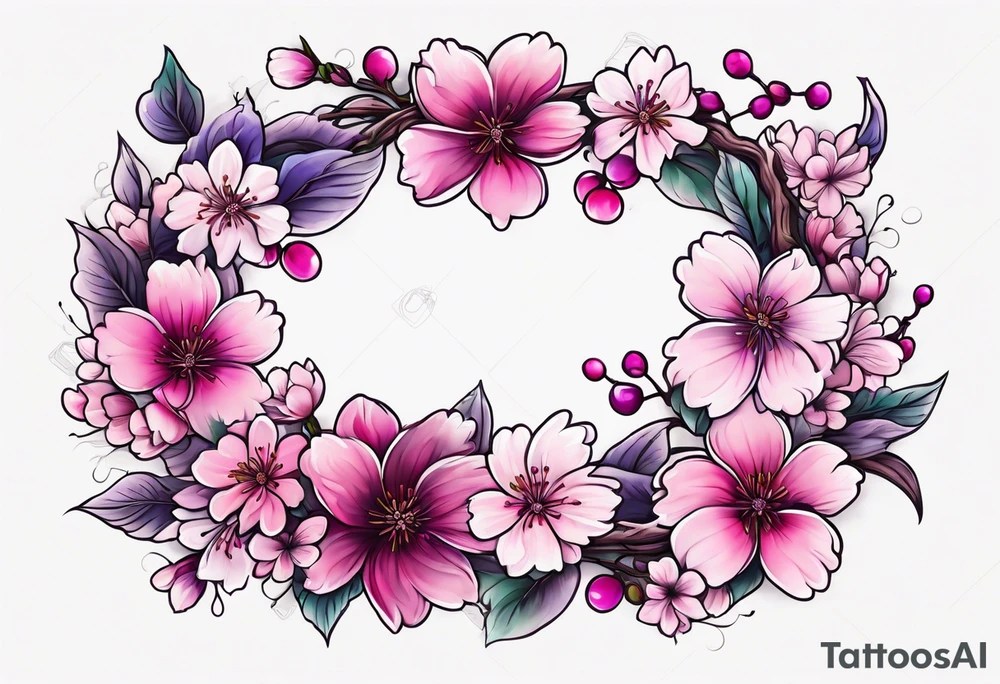 Flower wreath cherry blossoms pinks and purples tattoo idea