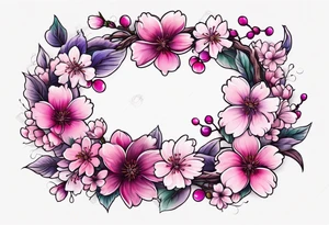 Flower wreath cherry blossoms pinks and purples tattoo idea