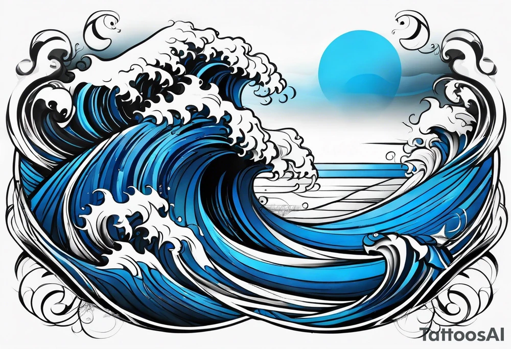 Full sleeve waves black with blue accents tattoo idea