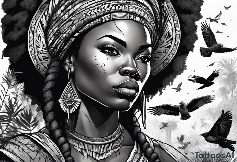 African woman warrior holding a spear with a mean look on her face with birds in the background and lion tattoo idea