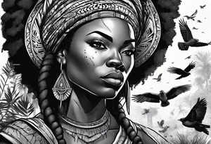 African woman warrior holding a spear with a mean look on her face with birds in the background and lion tattoo idea