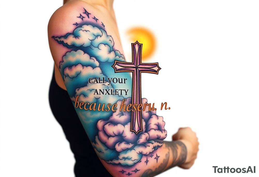 cast all your anxiety on him because he cares for you"  surrounded with clouds and cross tattoo idea