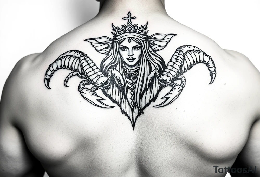 Dos poderosos escorpiones trepando por el cuerpo de la señora de la justicia tattoo idea