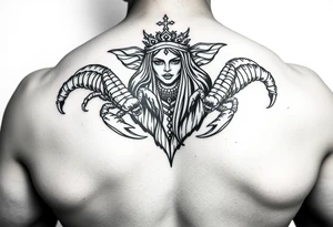 Dos poderosos escorpiones trepando por el cuerpo de la señora de la justicia tattoo idea