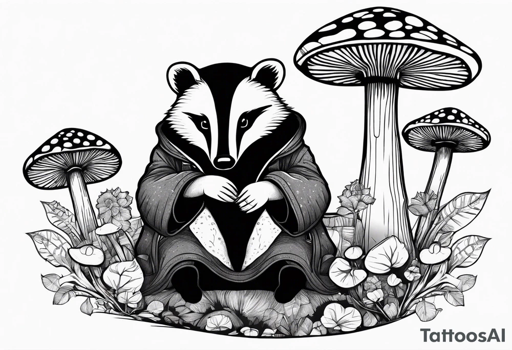 Badger in a coat sitting on a mushroom tattoo idea