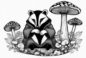Badger in a coat sitting on a mushroom tattoo idea