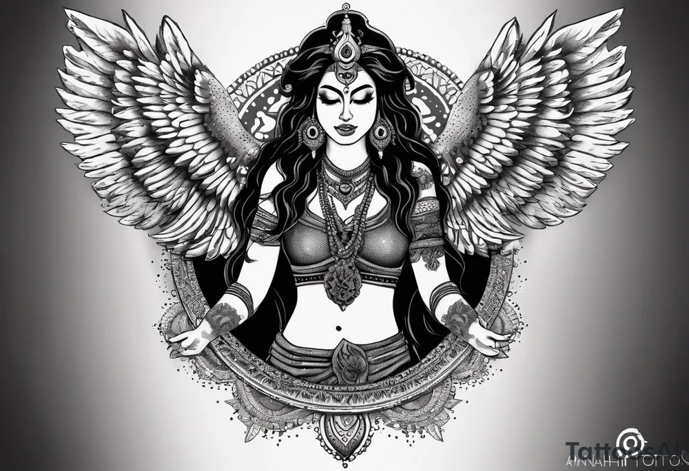 black kali, goddess pirate, alien, angel, pachamama, valkrye, warrior, flying, skull, lotus azul, wing, eagle, zenza resonance, stars, 5D, anahata chakra, death, durga, riding on a tiger, flying lady, kundalini, chest tatoo, samuri, rebel, serpent tattoo idea