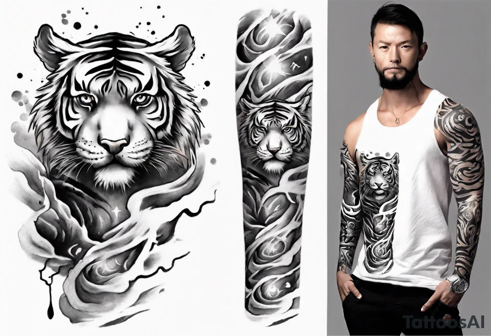 Tiger Warrior sleeve tattoo with lightning and the sun
Forearm sleeve tattoo idea