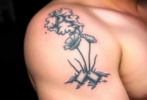War zone with 2 poppy’s growing out of the smoke with dog tags laying on the ground tattoo idea