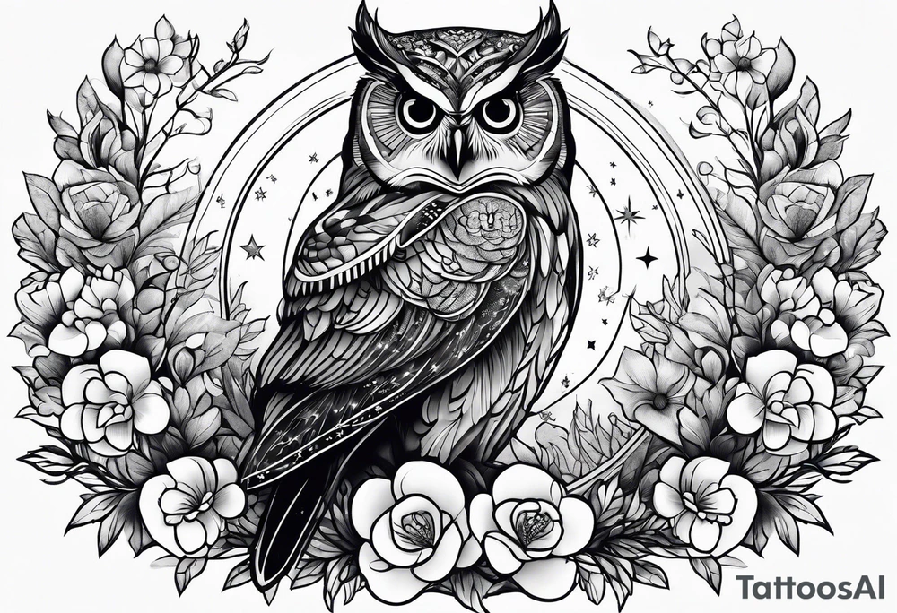 Winter sky, flowers, owls, stars, tattoo idea