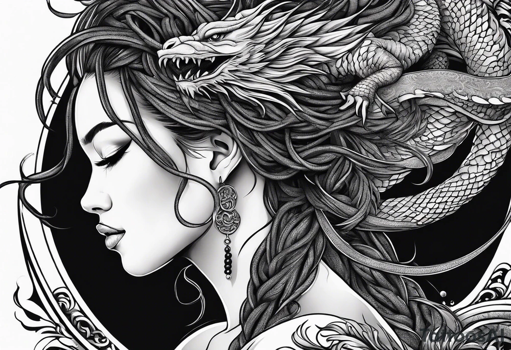 Woman with locs and red dragon in background tattoo idea