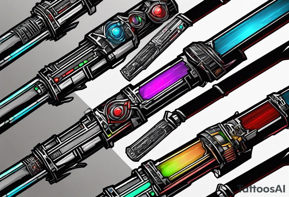 3 starwars lightsabers with each one being the birth month color for May, July, January tattoo idea